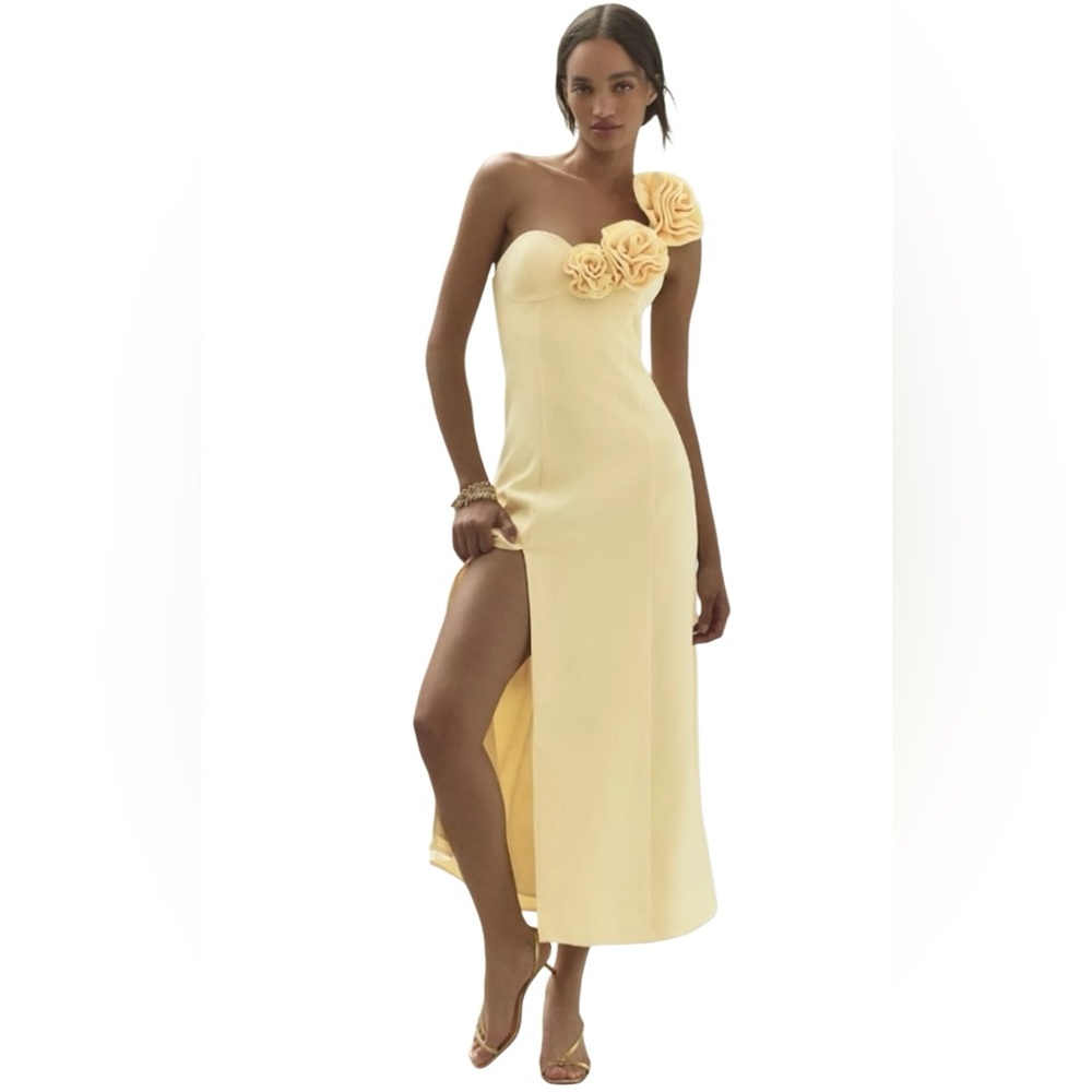 The Wolf Gang Flores Rose Butter Yellow One-Shoulder Dress w/ Floral Detail